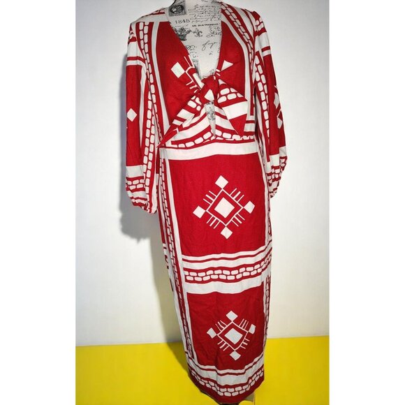 Caroline Constas Medium Maxi Dress, Red White Abstract Tribal, Tie Front Cut Out - Picture 1 of 5